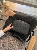 Grey and black GG Supreme monogram Mini Shoulder Bag with leather trim and adjustable shoulder strap