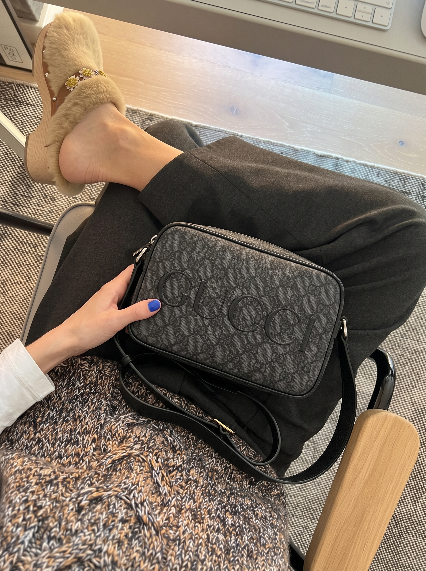 Grey and black GG Supreme monogram Mini Shoulder Bag with leather trim and adjustable shoulder strap