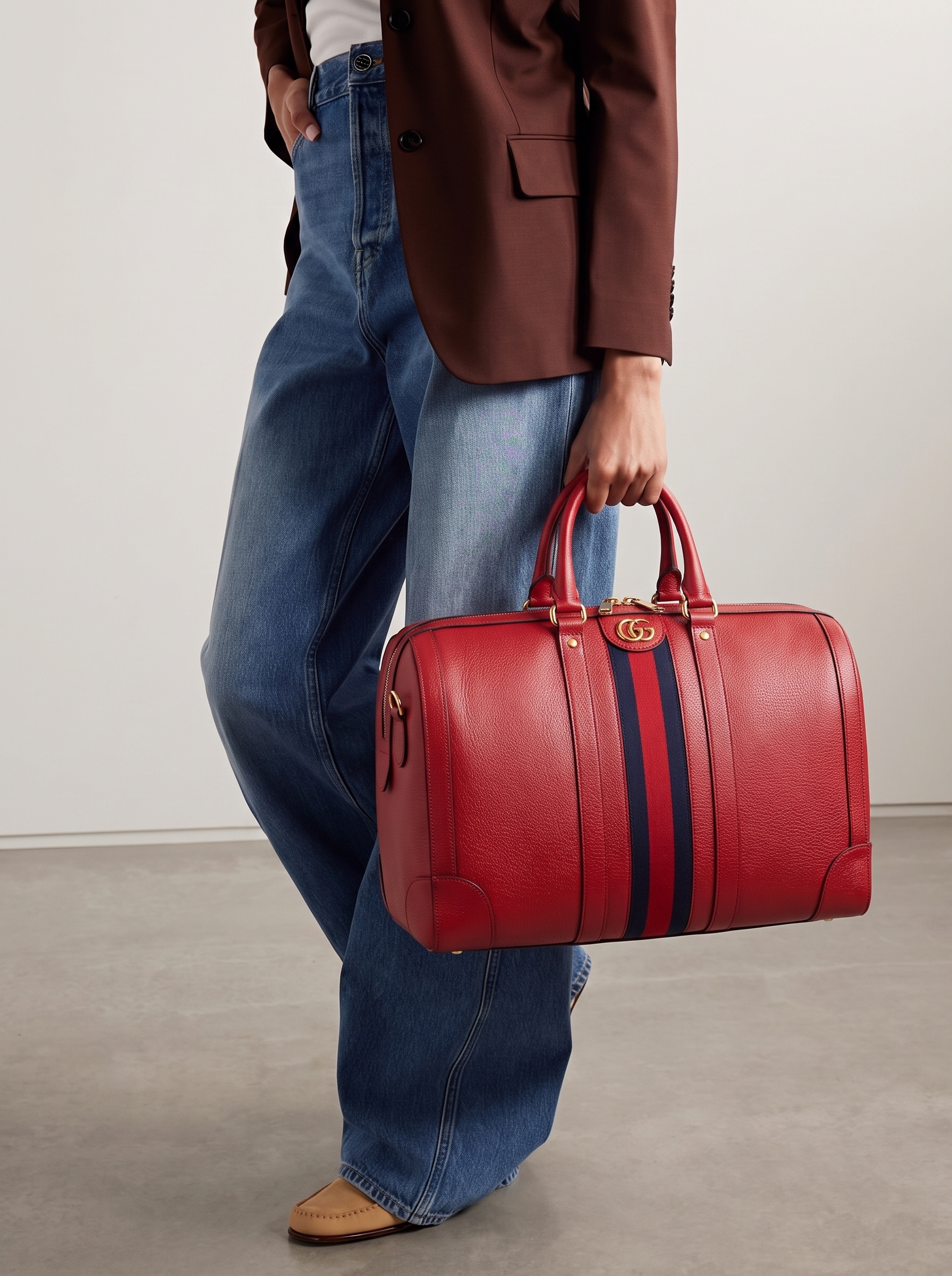 Model carrying a Gucc! red textured Dollar calfskin large duffle bag with web stripe