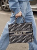Model D!0r medium carrying a blue multicolor Oblique embroidered canvas handbag with adjustable shoulder strap