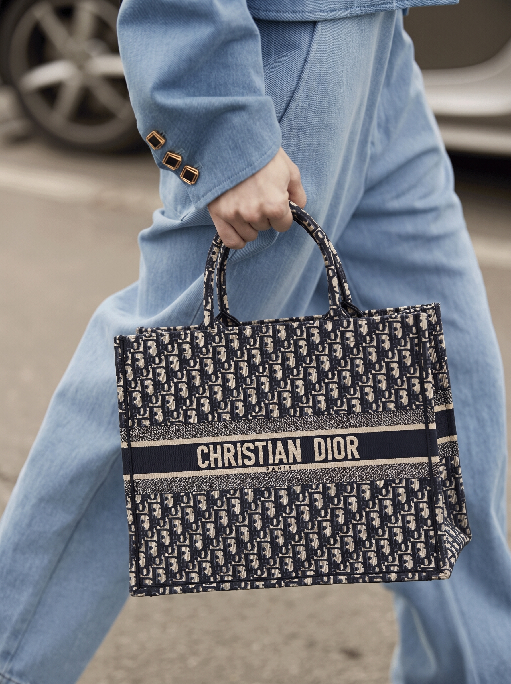 Model D!0r medium carrying a blue multicolor Oblique embroidered canvas handbag with adjustable shoulder strap