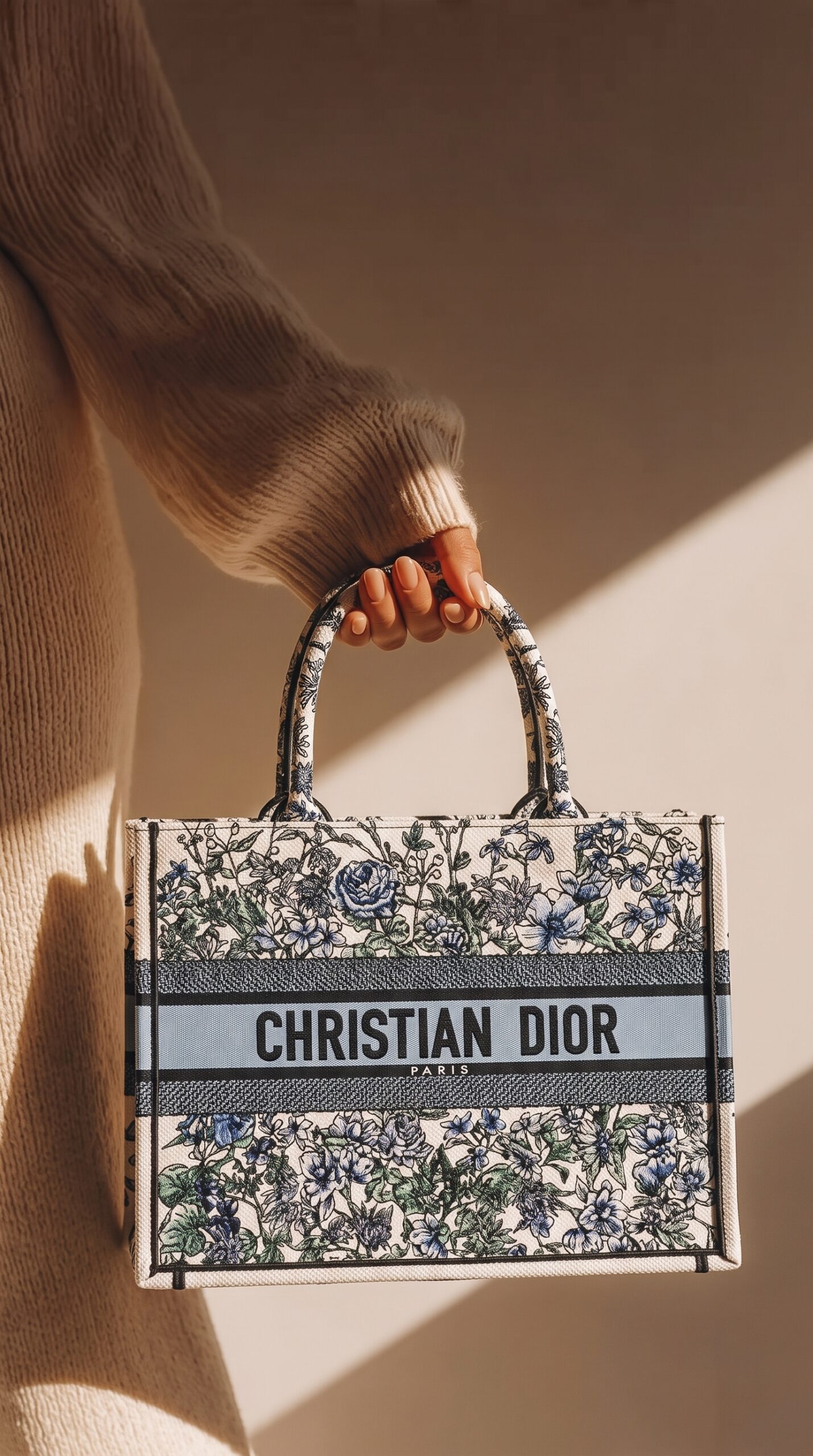 Model carrying D!0r Medium Dioriviera Book Tote Blue Jungle Embroidery