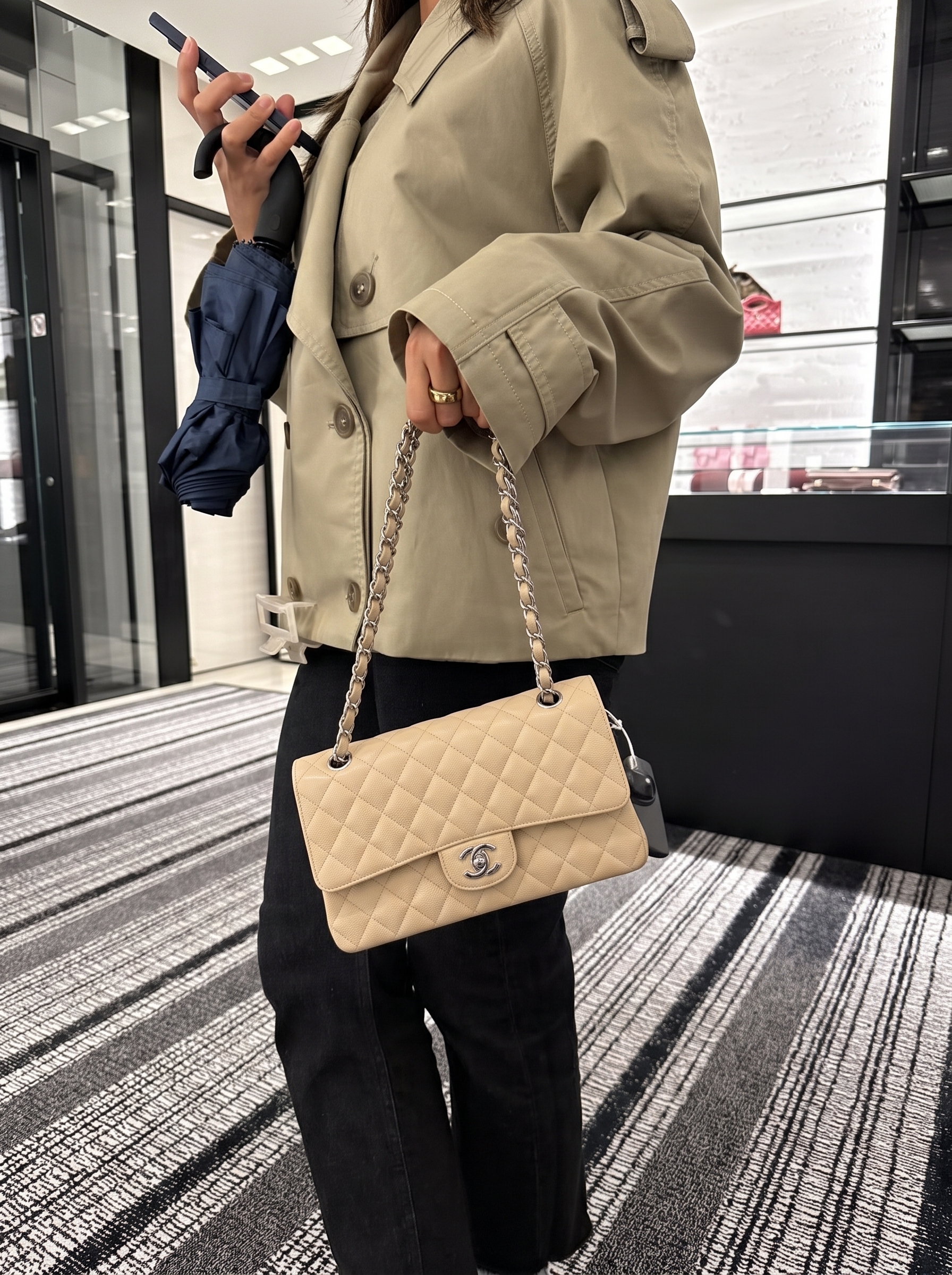 Medium Double Flap Beige Caviar Leather – Super Clone Hand Bag with silver Hardware