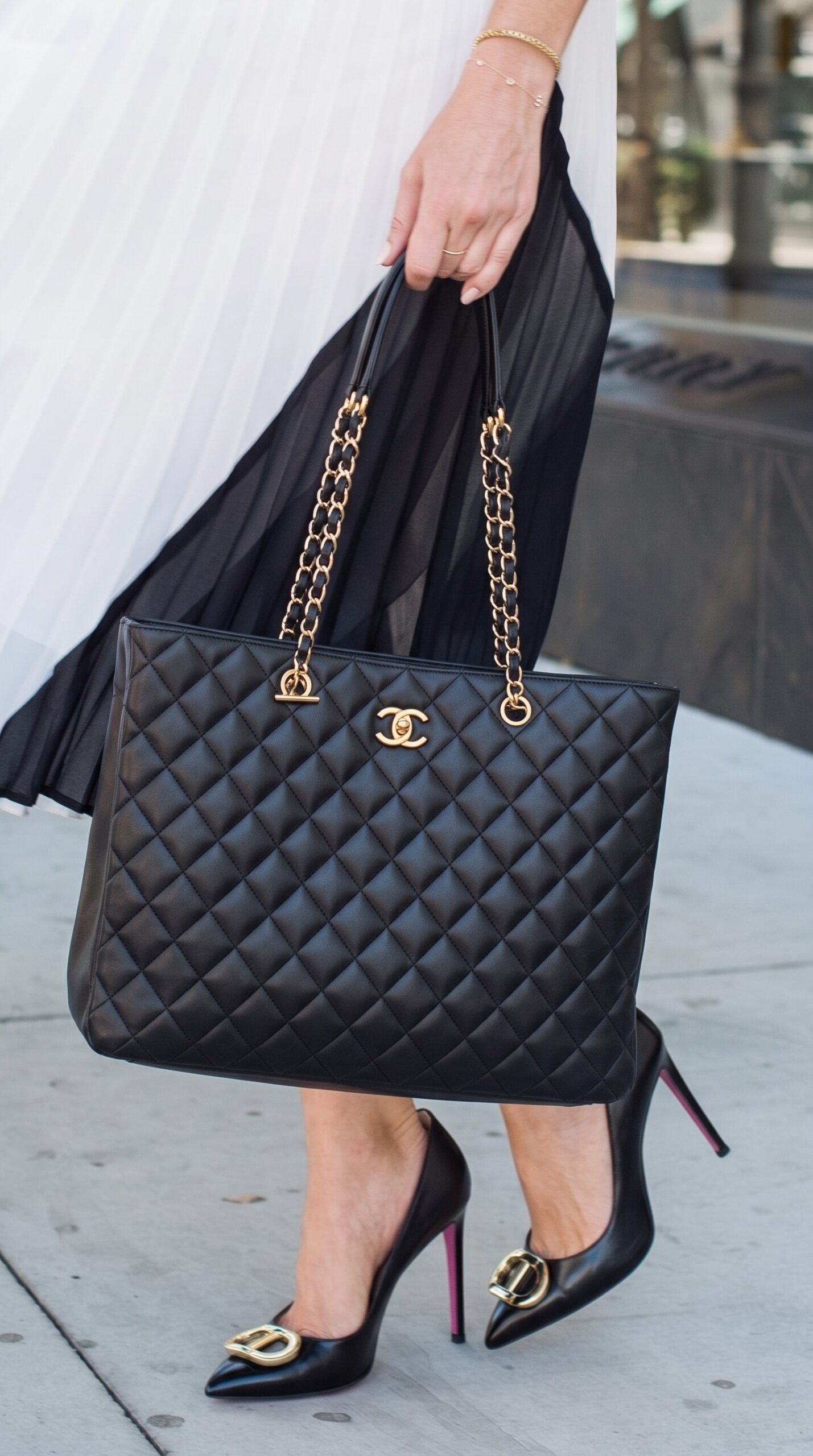 Ch@nel Large Classic Shopping Tote Black Quilted Calfskin-High-End ShoulderBag